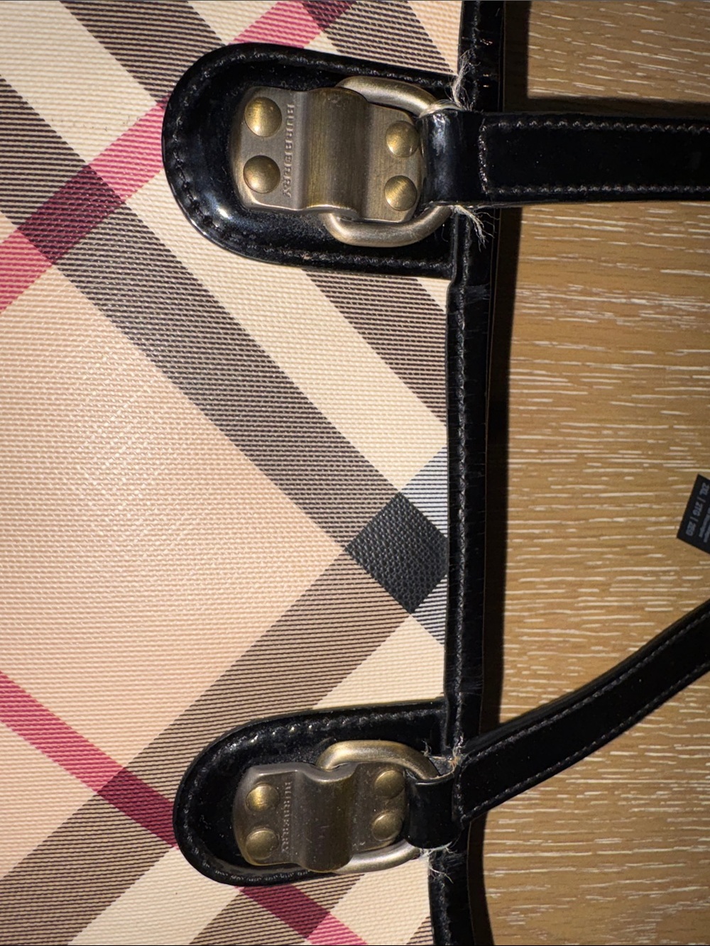 Burberry Tan Check Tote with Black Trim and Burgundy Accents - Picture 4 of 5